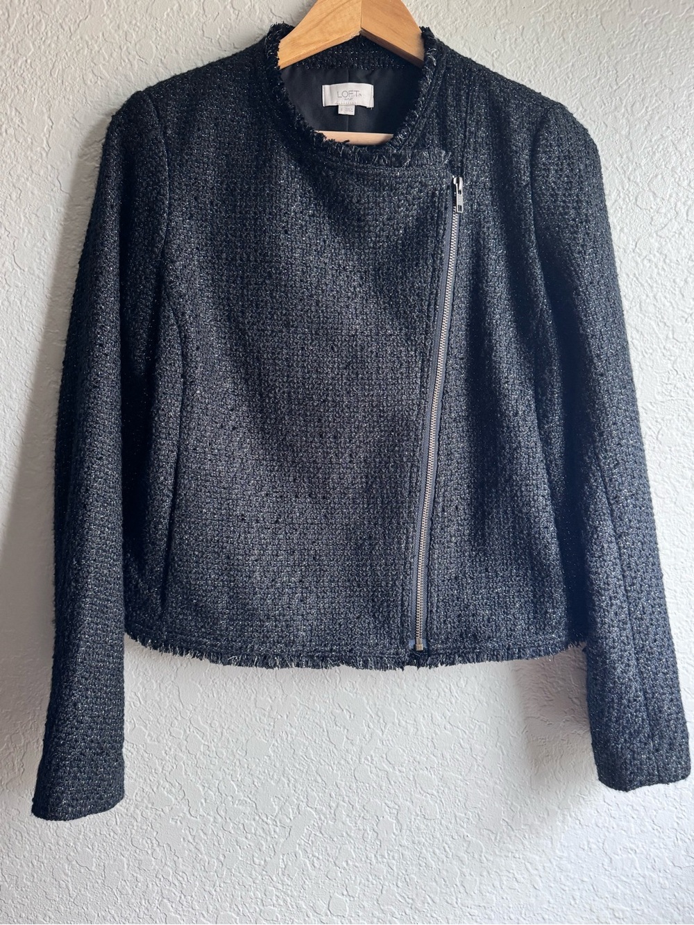 LOFT Black Metallic Tweed Fringed Moto Jacket – Small